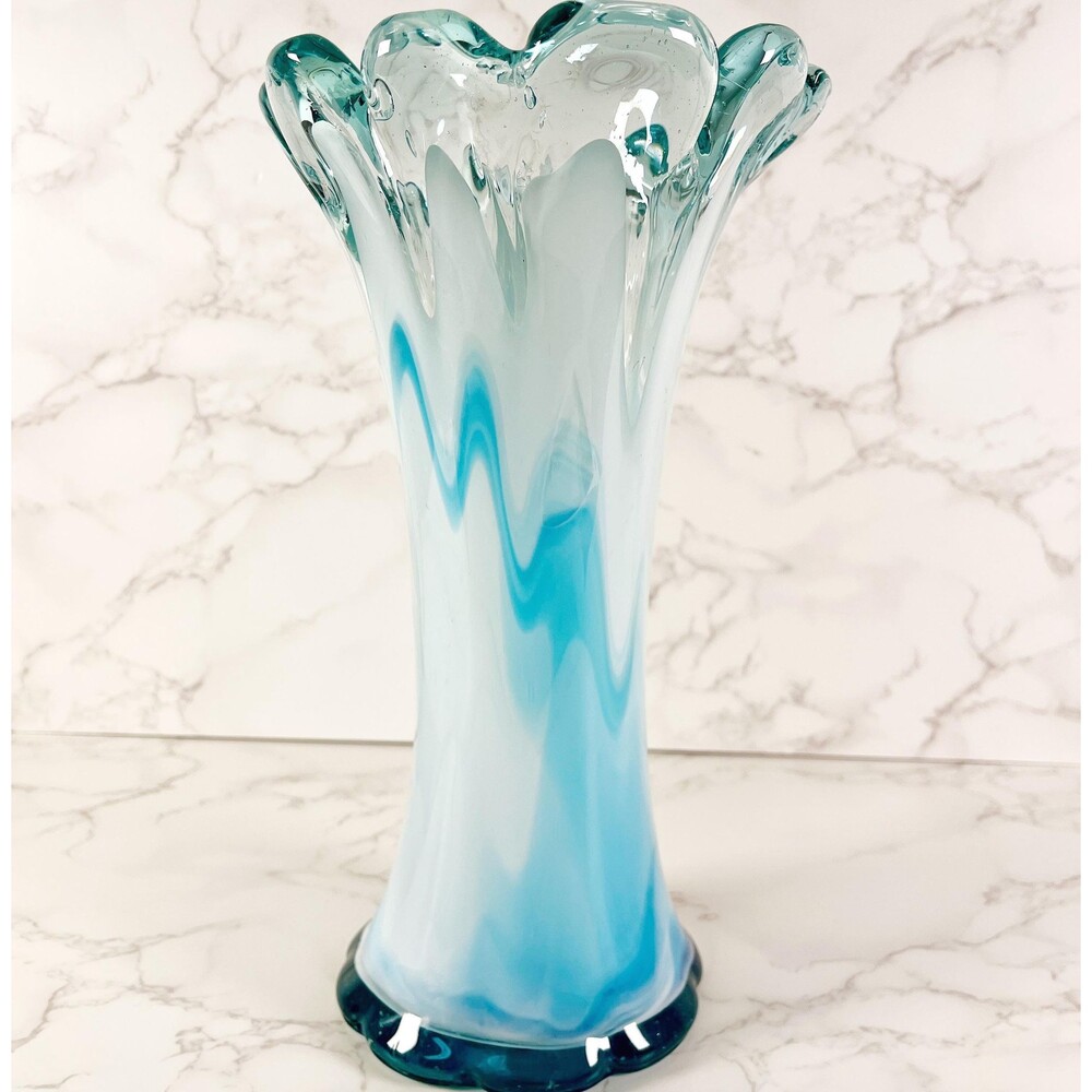 Viking Blue White Slag Swung Art Glass Vase, Mid Century Modern Statement Piece